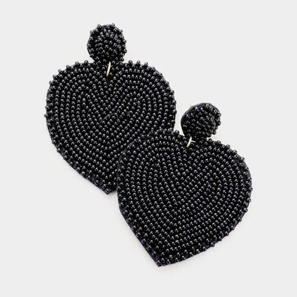 Seed Bead Heart Black Dangle Earrings - Picture 4 of 6
